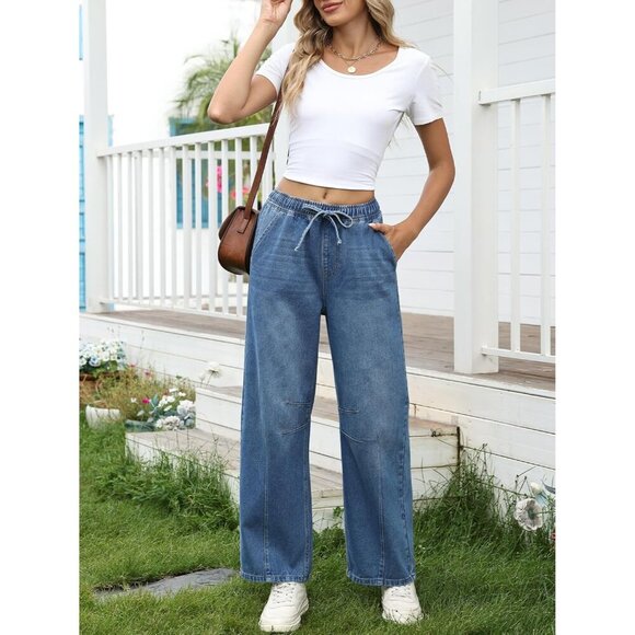 Women High Waisted Wide Leg Denim Pants Drawstring Baggy Casual Pants - Picture 5 of 6